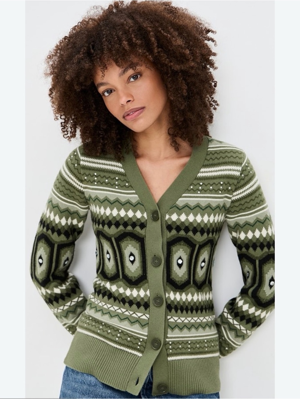 Green Federika embellished fair isle wool blend and cotton cardigan